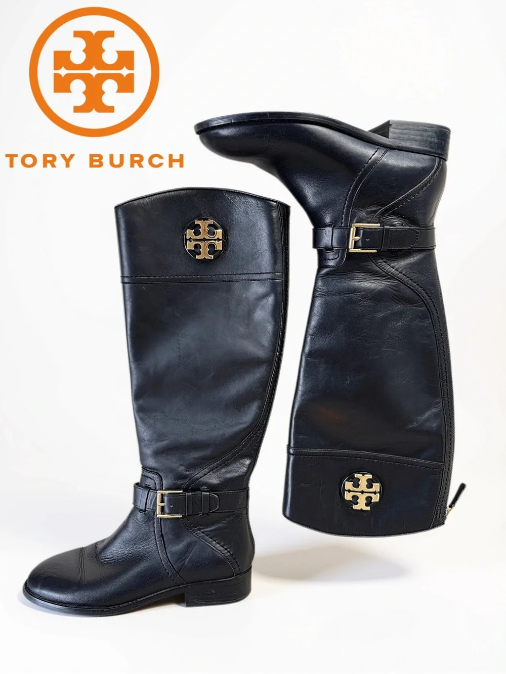 Tory Burch Black Leather Knee-High Riding Boots Gold Logo Medallion Size 6.5M